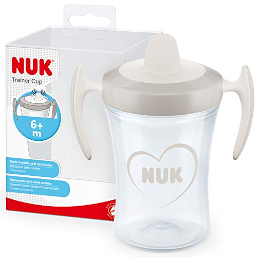 NUK Trainer Cup vaso antiderrame bebe, Boquilla Blanda A Prueba De Fugas, 6 Meses, Sin Bpa, 230 Ml, Gris Y Blanco, 1 Unidad