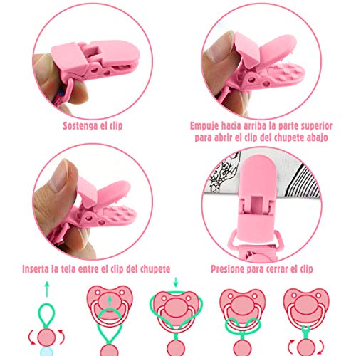 O³ Cadena Chupete Bebe 7 Unidades – Chupetes de Clip Bebé Ajustables – Cuelga Chupetes De Material Seguro – Lavable – 2 Versiones De Colores (Rosa)