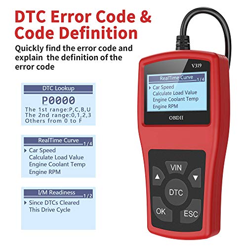 OBD 2 Diagnosticos Coche Portátil OBD II Auto Scanner Interfaz Estandar 16 Pines con Lectura y Borrado de Códigos de Error y Prueba de Batería para Automóviles Protocolos OBDII y Modos OBD2/EOBD/Can