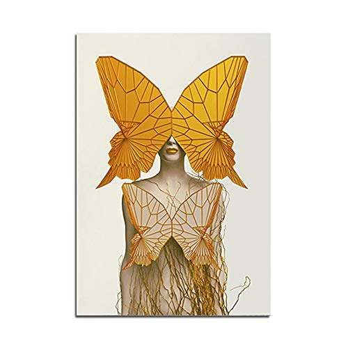 oioiu Cartel de Retrato Pintura de Mariposa y Pluma de Hermosa niña Mural Sala de Estar Dormitorio Pasillo decoración del hogar Pintura de Pared sin Marco