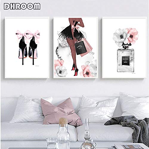 oioiu Moda Pared Arte Perfume Labios Cartel nórdico impresión tacón Alto Lienzo Tienda decoración Pintura Mujer Imagen de Sala Bolsa de Zapatos Tienda decoración Moderna