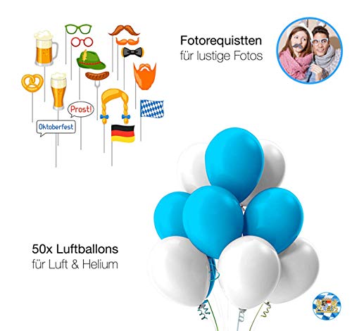 Oktoberfest decoración prados bávaros Wiesn decoración Oktoberfest Cannstatter Wasen con 1x guirnalda, 1x cinta de barrera, 50x globos, 3x colgador de techo, 1x bandera bávara, 1x cartel DINA3