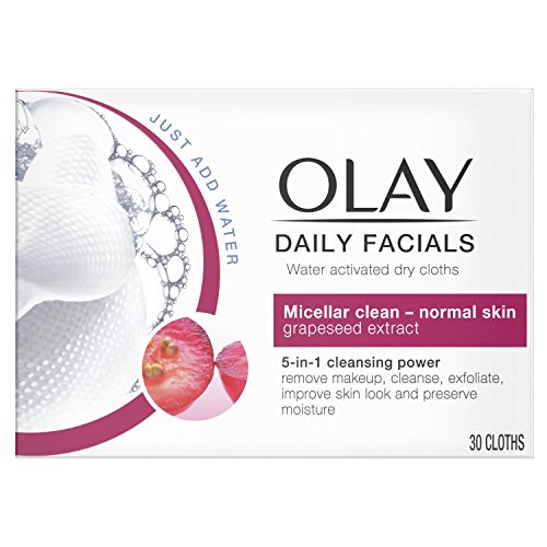 Olay Daily Facials - Paños secos activados por agua 5 en 1 - Micelar Clean para piel normal con extracto de semilla de uva - Paquete de 6