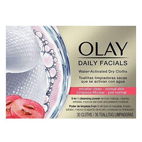 Olay Daily Facials Toallitas Secas Activadas con Agua, Limpieza Micelar, Piel normal, Poder de limpieza 5 en 1, 30 Toallitas