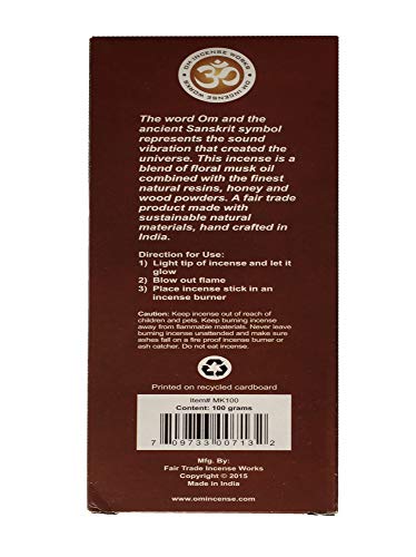 Om Musk Masala Incienso Sticks – Om Musk Incense Sticks - caja de 100 gramos - Pasión - Prosperidad - Suerte - Creatividad - Valor - Meditación - Comercio justo