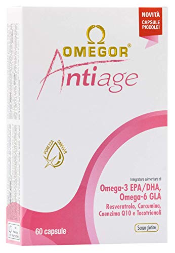OMEGOR Antiage | Suplemento para la piel | Omega 3 EPA / DHA y Omega 6 GLA | Resveratrol, curcumina, ácido alfa lipoico, coenzima Q10, tocotrienol | 30 capsulas