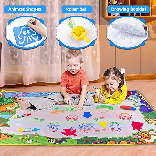 Omew Agua Dibujo Pintura,Esteras de Agua Doodle,150 * 100cm de Mayor tamaño , Superficie de Dibujo Extra Grande de 4 Colores, con 6 bolígrafos y Herramienta de Sello de Rodillo,Regalo para niños