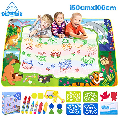 Omew Agua Dibujo Pintura,Esteras de Agua Doodle,150 * 100cm de Mayor tamaño , Superficie de Dibujo Extra Grande de 4 Colores, con 6 bolígrafos y Herramienta de Sello de Rodillo,Regalo para niños