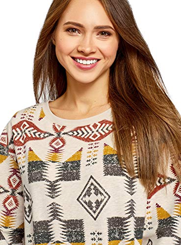 oodji Ultra Mujer Suéter de Silueta Libre con Estampado Étnico, Beige, ES 38 / S