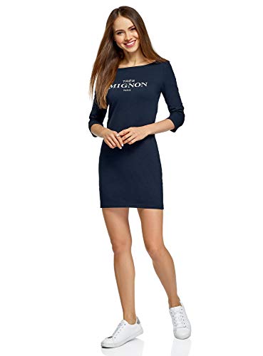 oodji Ultra Mujer Vestido de Punto con Estampado, Azul, ES 36 / XS