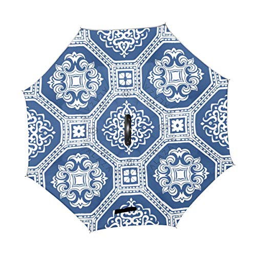Orediy Paraguas invertido de Doble Capa, diseño de Talavera Azul, Paraguas Reversible para el Coche, Grande, antiUV, Resistente al Viento, Lluvia, Sol, Paraguas de Viaje