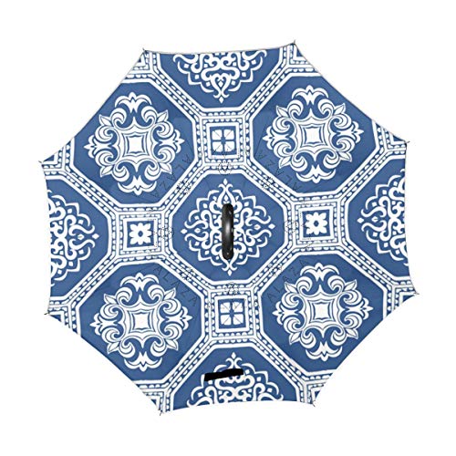 Orediy Paraguas invertido de Doble Capa, diseño de Talavera Azul, Paraguas Reversible para el Coche, Grande, antiUV, Resistente al Viento, Lluvia, Sol, Paraguas de Viaje