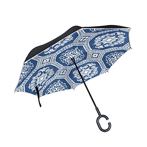 Orediy Paraguas invertido de Doble Capa, diseño de Talavera Azul, Paraguas Reversible para el Coche, Grande, antiUV, Resistente al Viento, Lluvia, Sol, Paraguas de Viaje