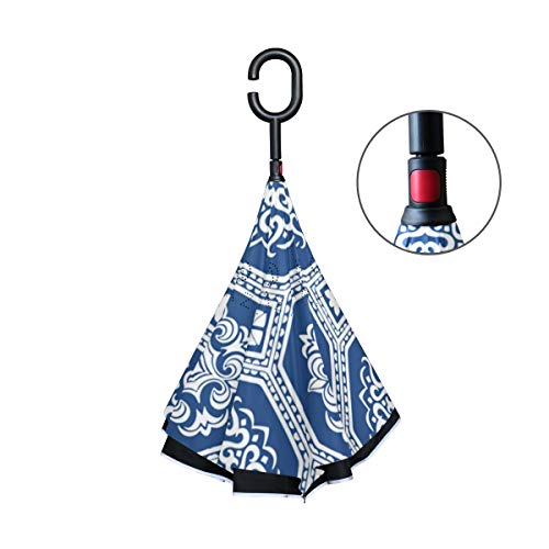 Orediy Paraguas invertido de Doble Capa, diseño de Talavera Azul, Paraguas Reversible para el Coche, Grande, antiUV, Resistente al Viento, Lluvia, Sol, Paraguas de Viaje