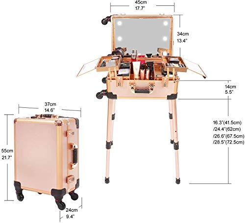 Organizador cosmético rodante iluminado de 3 colores claros, estuche de tren de maquillaje con altavoz, bloqueo de código y espejo iluminado de pantalla completa, carrito de artista profesional,