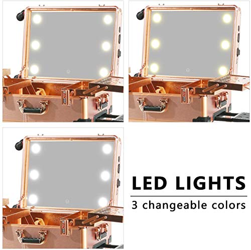 Organizador cosmético rodante iluminado de 3 colores claros, estuche de tren de maquillaje con altavoz, bloqueo de código y espejo iluminado de pantalla completa, carrito de artista profesional,