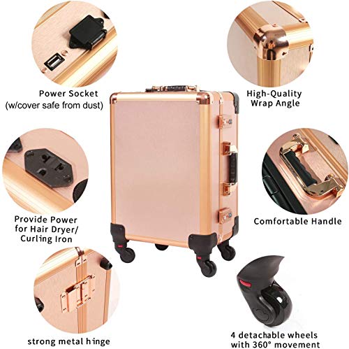 Organizador cosmético rodante iluminado de 3 colores claros, estuche de tren de maquillaje con altavoz, bloqueo de código y espejo iluminado de pantalla completa, carrito de artista profesional,