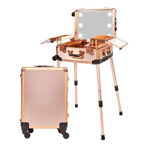 Organizador cosmético rodante iluminado de 3 colores claros, estuche de tren de maquillaje con altavoz, bloqueo de código y espejo iluminado de pantalla completa, carrito de artista profesional,