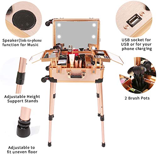 Organizador cosmético rodante iluminado de 3 colores claros, estuche de tren de maquillaje con altavoz, bloqueo de código y espejo iluminado de pantalla completa, carrito de artista profesional,