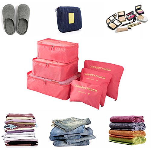 Organizador de Viaje Organizadores para Maletas, EASEHOME 3Pcs Cubos de Embalaje + 3pcs Bolsas de Almacenamiento para Ropa Zapato Cosmético Impermeable Bolsa de Lavandería, Melon Rojo