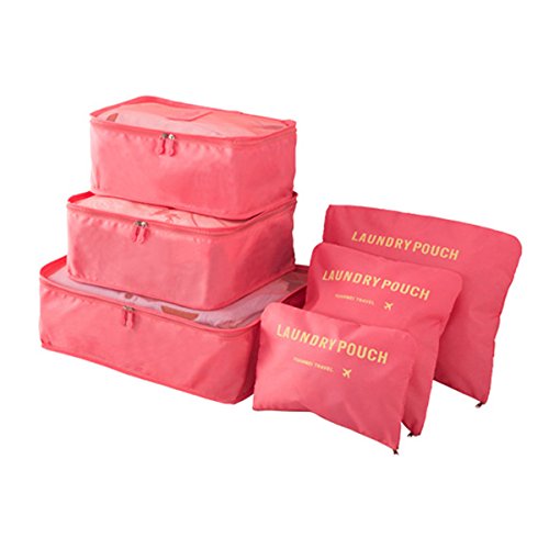 Organizador de Viaje Organizadores para Maletas, EASEHOME 3Pcs Cubos de Embalaje + 3pcs Bolsas de Almacenamiento para Ropa Zapato Cosmético Impermeable Bolsa de Lavandería, Melon Rojo