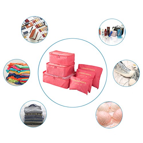Organizador de Viaje Organizadores para Maletas, EASEHOME 3Pcs Cubos de Embalaje + 3pcs Bolsas de Almacenamiento para Ropa Zapato Cosmético Impermeable Bolsa de Lavandería, Melon Rojo