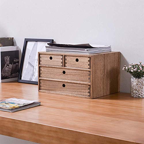 Organizadores de escritorio de madera Kirigen con cajones Espacio de trabajo en casa Suministros de oficina Caja de almacenamiento de madera Estante Estuche Caja de maquillaje con 4 cajones Drak Brown