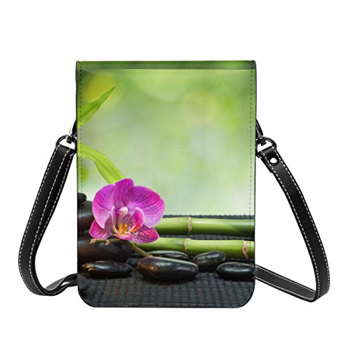 Orquídea púrpura, vela, con torre Piedras negras Monedero de cuero ligero para teléfono, pequeño bolso bandolera Mini bolso de hombro para teléfono celular