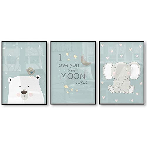 Oso Polar Elefante Aves Te Amo a la Luna y al revés Cartel del Arte de la Pared de los niños Habitación del bebé Impresión de la Lona Vivero Decoración de la Pared Sin Marco