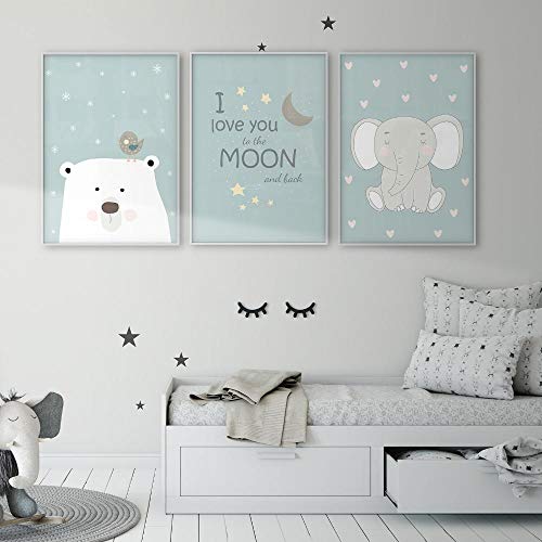 Oso Polar Elefante Aves Te Amo a la Luna y al revés Cartel del Arte de la Pared de los niños Habitación del bebé Impresión de la Lona Vivero Decoración de la Pared Sin Marco