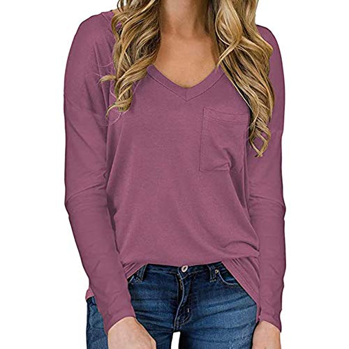 OtoñO E Invierno SóLido Cuello En V Suelta Casual Manga Larga Camiseta De Bolsillo