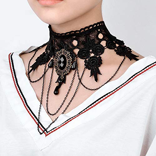 Ouinne Joyería de Collar de Cristal Gargantilla de Encaje Borla Gótico del Cordón Cadena para Fiesta de Boda, Negro