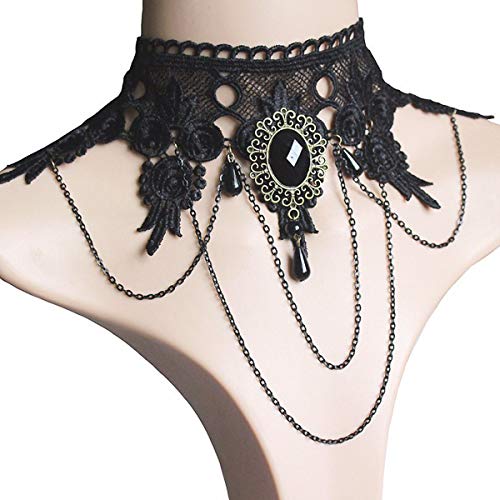 Ouinne Joyería de Collar de Cristal Gargantilla de Encaje Borla Gótico del Cordón Cadena para Fiesta de Boda, Negro