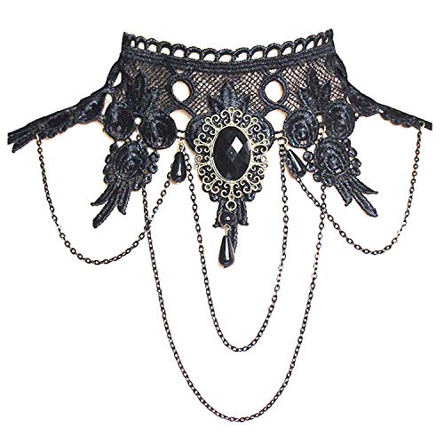 Ouinne Joyería de Collar de Cristal Gargantilla de Encaje Borla Gótico del Cordón Cadena para Fiesta de Boda, Negro