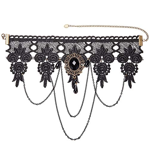 Ouinne Joyería de Collar de Cristal Gargantilla de Encaje Borla Gótico del Cordón Cadena para Fiesta de Boda, Negro