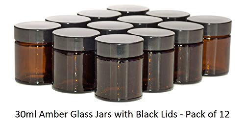 Pack de 12 tarros para mezclas y cremas para aromaterapia - Con tapas negras - Cristal ámbar - 30 ml