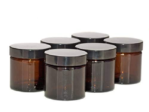 PACK of 6 - 60ml AMBER Glass Jars with BLACK Lids for Aromatherapy Blends / Creams
