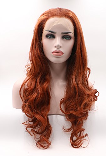 Pájaro azul sintético Encaje frente Pelucas largo rizado naranja pre plucked rojo naranja onda del cuerpo peluca del cordón con el pelo del bebé y nudos blanqueados para las mujeres