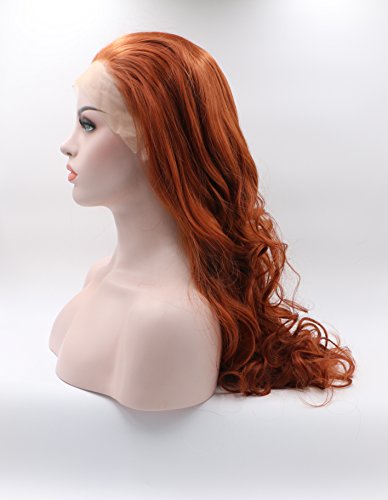 Pájaro azul sintético Encaje frente Pelucas largo rizado naranja pre plucked rojo naranja onda del cuerpo peluca del cordón con el pelo del bebé y nudos blanqueados para las mujeres