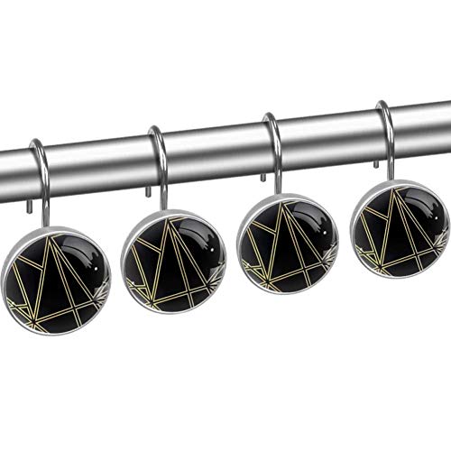 Paladio Negro y Dorado geométrico Ganchos de Cortina de Ducha Decorativos de Vidrio de 12 Piezas, Anillo de Acero Inoxidable a Prueba de Herrumbre Redondo para Cortinas de Barra de Ventana de baño