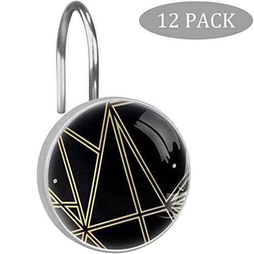 Paladio Negro y Dorado geométrico Ganchos de Cortina de Ducha Decorativos de Vidrio de 12 Piezas, Anillo de Acero Inoxidable a Prueba de Herrumbre Redondo para Cortinas de Barra de Ventana de baño