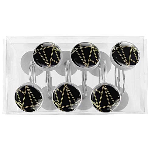 Paladio Negro y Dorado geométrico Ganchos de Cortina de Ducha Decorativos de Vidrio de 12 Piezas, Anillo de Acero Inoxidable a Prueba de Herrumbre Redondo para Cortinas de Barra de Ventana de baño