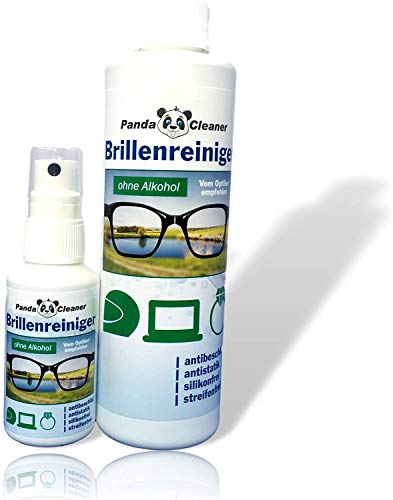 Pandacleaner - Limpiador de gafas | botella de 50 ml + botella de recarga de 250 ml | sin alcohol | limpieza sin rayas y fórmula antivaho | para gafas, pantallas, pantallas, viseras, etc.