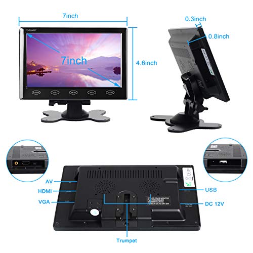 Pantalla 7 Pulgadas TFT LCD TOGUARD Pantalla UltraFina Portable Monitor Full HD 1024x600, Entrada AV/VGA/HDMI, con Botones Táctiles, Altavoz Integrado, Compatible con Cámara de Seguridad