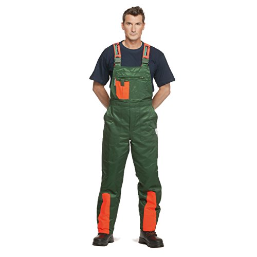 Pantalón de protección contra astillado WOODSafe clase 1, pantalón de bosque aprobado por KWF, peto verde / naranja, hombre. Pantalón forestal talla 52.