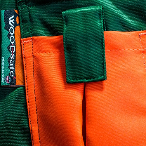 Pantalón de protección contra astillado WOODSafe clase 1, pantalón de bosque aprobado por KWF, peto verde / naranja, hombre. Pantalón forestal talla 52.