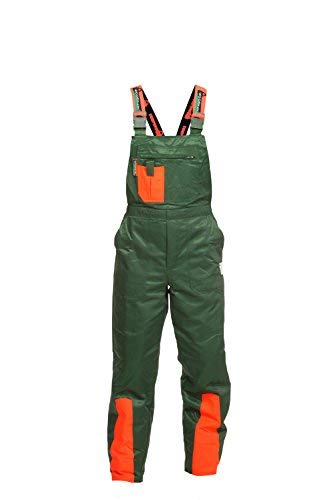 Pantalón de protección contra astillado WOODSafe clase 1, pantalón de bosque aprobado por KWF, peto verde / naranja, hombre. Pantalón forestal talla 52.