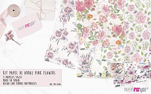 PAPEL DE ARROZ KIT PINK FLOWERS. 5 PAPELES 54X33CM PFY2340