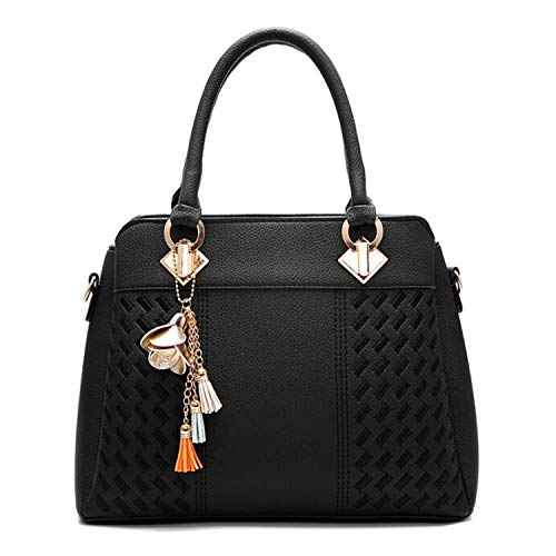 Paquete Bolsa de totalizadores de la manera bolsos de las mujeres de la borla de la PU superior de cuero-mango bordado de Crossbody del hombro del bolso de señora estilo simple Mano ( Color : Black )