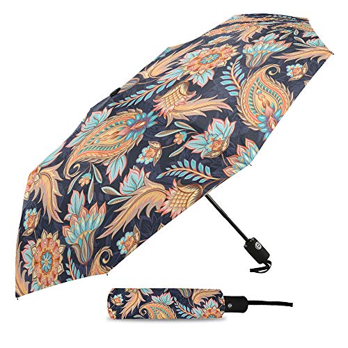 Paraguas de viaje plegable, diseño de Paisley indio, para exteriores, apertura automática, compacta a prueba de viento, para niñas/mujeres/adultos